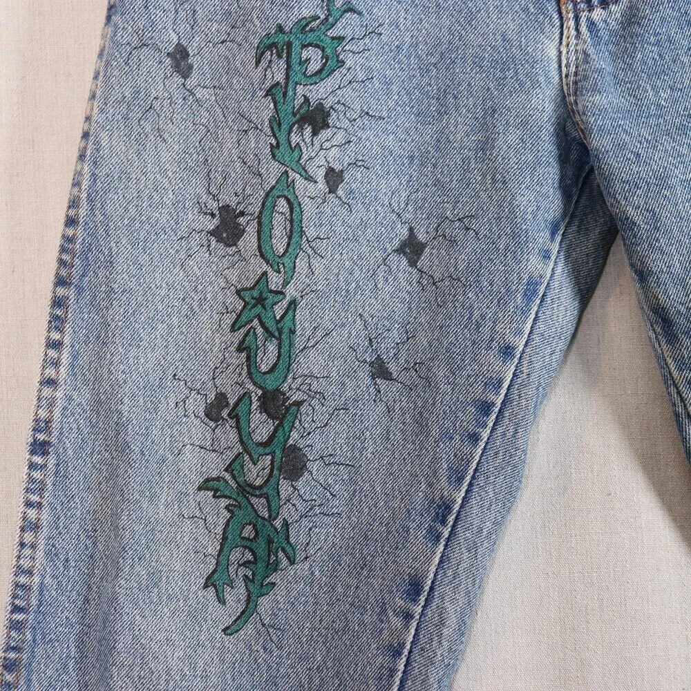 Vintage Rustler Jeans *30x30 Upcycled Tattoo Drawn Art Denim 90s Y2K Bone Skull